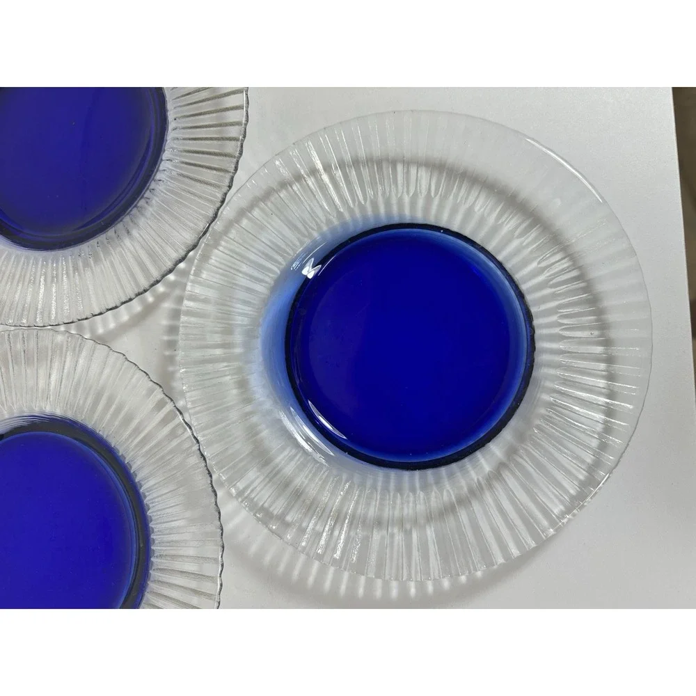 Pier 1 Salad Plates Glass Clear & Cobalt Blue Center Ribbed‎ 8.25